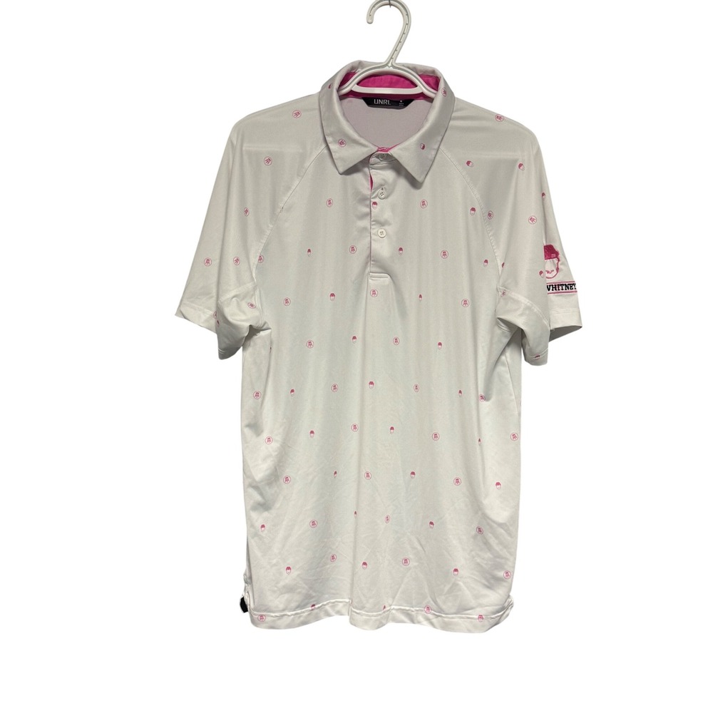 UNRL Pink‎ Whitney Barstool Golf Polo Shirt Mens Medium White See Description